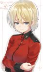  1girl bangs blonde_hair blue_eyes braid commentary darjeeling epaulettes eyebrows eyebrows_visible_through_hair girls_und_panzer hair_between_eyes hair_up hand_on_own_arm hand_on_own_elbow isshiki_(ffmania7) jacket military military_uniform simple_background smile solo twitter_username uniform 