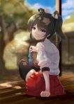 1girl black_legwear blurry depth_of_field from_behind hair_ribbon hakama_skirt japanese_clothes kantai_collection looking_at_viewer looking_back pleated_skirt porch ramune red_skirt ribbon ribbon-trimmed_skirt rin_falcon sitting skirt smile solo thigh-highs twintails zuikaku_(kantai_collection) 