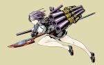  1girl breasts cannon checkered checkered_necktie dress full_body glaive gloves hair_intakes kamizono_(spookyhouse) kantai_collection machine machinery mecha necktie no_headwear polearm purple_hair school_uniform short_hair simple_background solo tatsuta_(kantai_collection) turret violet_eyes weapon 