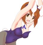  1girl animal_ears arms_up bent_over breasts brown_eyes brown_hair bunny_tail bunnysuit cleavage detached_collar egooo fishnet_pantyhose fishnets girls_und_panzer nishizumi_miho pantyhose rabbit_ears ribbon short_hair solo tail wrist_cuffs 