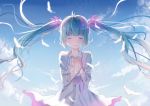  1girl aqua_hair bangs blue_hair check_translation closed_eyes collar collared_dress crying dress feathers gradient_hair hair_ribbon hands_together hatsune_miku long_hair mimengfeixue multicolored_hair outdoors own_hands_together ribbon sky solo tears text translation_request twintails upper_body v_arms very_long_hair vocaloid 