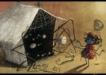  1girl black_hair bow bowtie commentary cup extra_arms extra_eyes fangs insect_girl koto_inari mailbox muffet puffy_pants purple_skin red_bow red_bowtie ribbon silk smile spider spider_girl spider_web spoken_object teacup teapot undertale 