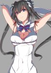 &gt;:) 1girl absurdres armpits arms_behind_head arms_up black_hair blue_bow blue_bowtie blue_eyes blue_ribbon blush bow bowtie breasts cleavage cleavage_cutout commentary_request covered_navel dress dungeon_ni_deai_wo_motomeru_no_wa_machigatteiru_darou_ka gloves hair_ribbon hestia_(danmachi) highres large_breasts long_hair looking_at_viewer rei_no_himo ribbon saisarisu short_dress sleeveless sleeveless_dress smile solo twintails upper_body white_dress white_gloves 
