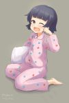  1girl arare_(kantai_collection) barefoot black_hair brown_eyes cat_print dated highres kantai_collection karashi_(tou_gara_shi) one_eye_closed open_mouth pajamas pillow print_pajamas short_hair signature sitting sleepy solo twitter_username wariza 