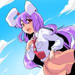  1girl :o animal_ears blue_sky breasts clouds collared_shirt d: dutch_angle from_below hot long_hair long_sleeves looking_at_viewer looking_down necktie open_mouth purple_hair rabbit_ears red_eyes reisen_udongein_inaba shinapuu shirt skirt sky solo sweatdrop tie_clip touhou very_long_hair 