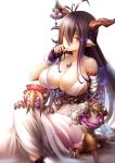  1girl antenna_hair bandaged_arm biting black_gloves black_hair blush breasts cleavage commentary_request crescent danua dress finger_biting fingerless_gloves gloves granblue_fantasy hair_between_eyes horn_ornament horns jewelry large_breasts long_hair looking_at_viewer necklace pointy_ears red_eyes simple_background solo sowel_(sk3) white_dress 