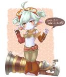  1girl ahoge alternate_hairstyle blue_skin blush breasts double_v earrings fingerless_gloves gloves goggles goggles_on_head gun jewelry league_of_legends looking_at_viewer midriff navel otani_(kota12ro08) pointy_ears small_breasts solo translated tristana twintails twitter_username under_boob v weapon yordle 