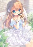  1girl bare_shoulders bench blue_eyes braid brown_hair coffee_cup collarbone earrings hair_ribbon highres jewelry long_hair open_mouth original ribbon shiyu_(sweet_dream) sitting skirt solo watch watch 