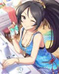  1girl artist_request black_hair blue_eyes bracelet breasts cleavage denim denim_shorts earrings hair_ornament idolmaster idolmaster_cinderella_girls jewelry long_hair official_art one_eye_closed ponytail sewing_machine shorts smile solo sugisaka_umi very_long_hair 