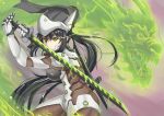  1girl armor bangs black_gloves black_hair black_ribbon bodysuit breasts cyborg dragon female gauntlets genderswap genderswap_(mtf) genji_(overwatch) gloves glowing glowing_eyes green_eyes hair_between_eyes hair_ribbon hands_up helmet holding holding_sword holding_weapon katana large_breasts long_hair looking_at_viewer mask mihoazuazu.1996 overwatch ponytail ribbon scabbard sheath solo sword upper_body very_long_hair weapon 