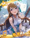  1girl alternate_costume artist_request blue_eyes brown_hair card_(medium) character_name dress earrings flower hair_between_eyes hair_flower hair_ornament idolmaster idolmaster_million_live! jewelry leaf long_hair musical_note official_art signature smile solo tokoro_megumi translation_request wedding_dress white_dress 