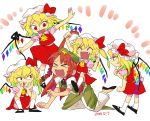  &gt;:d &gt;_&lt; 5girls :d all_fours blonde_hair closed_eyes dated fang flandre_scarlet four_of_a_kind_(touhou) furukawa_(yomawari) hair_pull hat hong_meiling laevatein mob_cap multiple_girls multiple_persona on_person open_mouth playing red_eyes redhead riding smile squatting star touhou xd 