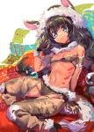  1girl a_k_o animal_ears armlet bare_shoulders black_hair blue_eyes blush bodypaint brown_gloves chaps choker commentary_request dark_skin facepaint fur_trim gloves hat highres long_hair looking_at_viewer navel original shorts sitting small_breasts smile solo strapless tubetop 