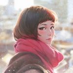  1girl bangs blurry bokeh brown_eyes coat depth_of_field expressionless eyebrows from_side guweiz lips looking_at_viewer mouth nose outdoors red_scarf reference_photo scarf short_hair solo upper_body 