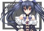 1girl atsuhien bare_shoulders black_hair blush breasts character_name cleavage hair_ornament long_hair looking_at_viewer neptune_(series) noire ribbon solo twintails 