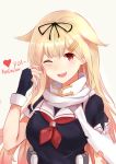  1girl ;d absurdres annnna black_gloves blonde_hair blush breasts fingerless_gloves gloves hair_ornament hairclip highres kantai_collection one_eye_closed open_mouth poi red_eyes remodel_(kantai_collection) scarf school_uniform serafuku smile solo teeth yuudachi_(kantai_collection) 