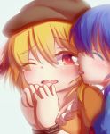  2girls absurdres animal_ears blonde_hair blue_hair cheek_licking closed_eyes commentary_request dior-zi face_licking hat highres licking multiple_girls one_eye_closed open_mouth portrait rabbit_ears red_eyes restrained ringo_(touhou) seiran_(touhou) tears tongue tongue_out touhou wavy_mouth yuri 