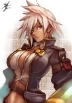  1girl belt blazblue blazblue:_chronophantasma breasts bullet_(blazblue) cleavage commentary_request dark_skin highres jacket large_breasts looking_at_viewer navel open_clothes open_jacket orange_eyes scar short_hair silver_hair solo sowel_(sk3) upper_body 