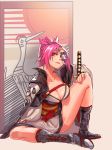  1girl against_wall amputee baiken boots breasts cape cleavage facial_tattoo full_body goggles guilty_gear guilty_gear_xrd highres japanese_clothes kimono laio large_breasts lips long_hair monocle no_bra nose one-eyed pink_eyes pink_hair ponytail scar scar_across_eye sheath sheathed sitting solo tabi tattoo toeless_boots 