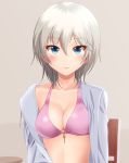  1girl anastasia_(idolmaster) beige_background bikini blue_eyes blurry blush breasts chair cleavage closed_mouth collarbone colored_eyelashes depth_of_field eyebrows eyebrows_visible_through_hair eyelashes grey_shirt hair_between_eyes highres idolmaster idolmaster_cinderella_girls long_sleeves looking_at_viewer open_clothes open_shirt pink_bikini pink_bikini_top pink_lips shirt short_hair silver_hair simple_background solo swimsuit table takahirokun tsurime upper_body 