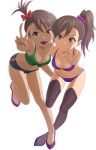  2girls bikini black_legwear breasts brown_eyes brown_hair cleavage futami_ami futami_mami hair_ornament highres idolmaster long_hair looking_at_viewer multiple_girls open_mouth purple_bikini short_hair side_ponytail simple_background small_breasts smile swimsuit takahirokun thigh-highs white_background 