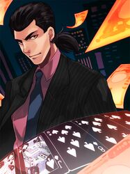  1boy black_eyes black_hair building card formal gin_to_kin hair_slicked_back male_focus money morita_tetsuo necktie playing_card ponytail skyscraper smile solo striped_jacket suit u-min upper_body 