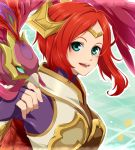  bird bird_on_hand blue_eyes kakip league_of_legends looking_at_viewer open_mouth quinn redhead small_breasts smile upper_body valor_(league_of_legends) 