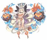  big_hair blade_(galaxist) blonde_hair breasts chain character_request cleavage copyright_request crown fire garter_straps jack-o&#039;-lantern large_breasts long_hair orange_eyes simple_background source_request striped striped_legwear v-arms very_long_hair white_background 