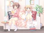  &gt;_&lt; 2girls :d :o ahoge blanket blonde_hair blue_eyes blush book_stack bow breasts brown_hair cleavage closed_eyes constellation copyright_request couch coughing cup cushion fish flower frilled_legwear full_body glasses glasses_removed hair_bow hair_ribbon head_tilt highres holding holding_cup hood hoodie indoors jewelry knees_together_feet_apart long_hair loungewear mug multiple_girls necklace no_shoes open_mouth pan_(mimi) pink_ribbon plant polka_dot polka_dot_legwear pom_pom_(clothes) ponytail portrait_(object) potted_plant rabbit red-framed_glasses ribbon shirt sitting sleeves_past_wrists smile socks steam striped striped_legwear table two_side_up white_legwear white_shirt window 