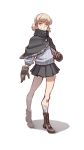  1girl aki_(girls_und_panzer) ankle_boots arm_at_side bangs boots brown_boots brown_gloves capelet closed_mouth cross-laced_footwear die_(artist) eyebrows eyebrows_visible_through_hair full_body girls_und_panzer gloves kneehighs legs_apart light_brown_hair long_sleeves looking_at_viewer miniskirt pleated_skirt shade shadow shirt short_twintails simple_background skirt smile solo standing striped striped_shirt twintails vertical-striped_shirt vertical_stripes white_background yellow_eyes 