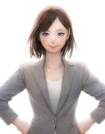  1girl bangs blue_eyes brown_hair collarbone commentary_request cover eyebrows formal hands_on_hips kadokawa lips looking_at_viewer mouth mujiha_(mlog) neck nose pant_suit parted_bangs realistic shirt simple_background smile solo standing suit upper_body white_background white_shirt 
