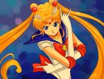  1girl \m/ angry bangs bishoujo_senshi_sailor_moon blonde_hair blue_background blue_eyes bow choker circlet double_bun earrings elbow_gloves gloves hair_ornament hairclip jewelry lisginka long_hair looking_at_viewer parted_bangs pose red_bow sailor_collar sailor_moon serious solo star star_earrings tsukino_usagi twintails very_long_hair white_gloves 