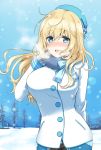  1girl :d alternate_costume aqua_eyes atago_(kantai_collection) beret black_gloves blonde_hair blue_bow blush bow breasts buttons commentary_request cowboy_shot fur_collar gloves hat heavy_breathing highres kantai_collection large_breasts long_hair long_sleeves looking_at_viewer nanairo_fuuka nose_blush open_mouth outdoors smile snowing solo white_coat 