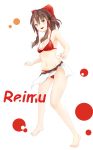  &gt;:d 1girl :d barefoot bikini blush bow breasts brown_eyes brown_hair character_name hair_bow hair_ribbon hair_tubes hakurei_reimu highres looking_at_viewer navel nise_(__nise6__) open_mouth ribbon romaji sarong sidelocks smile solo stomach swimsuit tiptoes toes touhou 