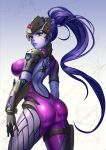  1girl armor ass back back_tattoo bodysuit breasts cowboy_shot earrings gauntlets highres jewelry large_breasts long_hair overwatch ponytail purple_hair solo spider_tattoo tako_seijin tattoo very_long_hair visor widowmaker_(overwatch) yellow_eyes 
