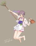  1girl akebono_(kantai_collection) apron barefoot bell broom dated dustpan floral_print flower full_body hair_bell hair_flower hair_ornament highres japanese_clothes jumping kantai_collection karashi_(tou_gara_shi) kimono long_hair purple_hair short_kimono side_ponytail signature simple_background solo tasuki twitter_username very_long_hair violet_eyes wa_maid 