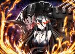  1girl battleship_hime black_dress black_hair breasts cleavage collar dress fire gekato glowing glowing_eyes highres horns kantai_collection long_hair outline red_eyes shinkaisei-kan sky solo star_(sky) starry_sky upper_body very_long_hair white_skin 
