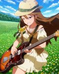  1girl artist_request blue_eyes brown_hair brown_vest dress field flower flower_field grin guitar hat idolmaster idolmaster_million_live! instrument long_hair meadow million_live_card official_art one_eye_closed outdoors plectrum smile solo tokoro_megumi 