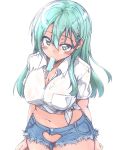  1girl aqua_hair arms_at_sides blue_shorts breasts cleavage collarbone collared_shirt cutoffs denim denim_shorts eating from_above front-tie_top green_eyes hair_between_eyes hair_ornament hairclip heart_cutout kantai_collection large_breasts long_hair looking_at_viewer looking_up mikagami_sou mouth_hold pocket popsicle ribbon shirt short_shorts short_sleeves shorts simple_background solo standing suzuya_(kantai_collection) sweatdrop white_background white_ribbon white_shirt wing_collar 