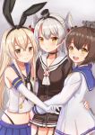  3girls amatsukaze_(kantai_collection) black_panties blonde_hair brown_hair choker commentary_request elbow_gloves eyebrows eyebrows_visible_through_hair girl_sandwich gloves hair_between_eyes hair_tubes hairband hat headgear kantai_collection kelinch1 kerchief lifebuoy light_smile long_hair long_sleeves looking_at_viewer mini_hat multiple_girls neckerchief open_mouth panties pleated_skirt sailor_collar sandwiched school_uniform serafuku shimakaze_(kantai_collection) short_hair side-tie_panties skirt two_side_up underwear white_gloves white_hair yellow_eyes yukikaze_(kantai_collection) 