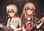  2girls :d blonde_hair blue_eyes blush collarbone earrings electric_guitar erere fang green_eyes guitar instrument jewelry long_hair low_twintails microphone multiple_girls open_mouth original shirt smile t-shirt twintails 