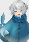  +status:censored 1girl :d bangs blue_eyes blue_hair blue_scarf blunt_bangs blush cowboy_shot eyebrows_visible_through_hair fish_tail gawr_gura gotoh510 grey_background hair_ornament highres hololive looking_at_viewer multicolored_hair open_mouth plaid poncho scarf shark_tail sharp_teeth simple_background smile solo streaked_hair tail teeth two_side_up virtual_youtuber white_hair 