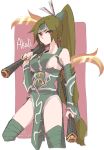  1girl akali breasts character_name dual_wielding green_hair holding holding_weapon kama_(weapon) league_of_legends otani_(kota12ro08) red_eyes sickle solo twitter_username weapon 