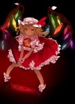  1girl ascot black_background blonde_hair crystal dark dutch_angle flandre_scarlet frilled_skirt frills full_body glowing hat hat_ribbon highres hina_(meru-yagami) laevatein looking_up magic_circle mary_janes mob_cap puffy_sleeves red_eyes ribbon sash shirt shoes short_sleeves side_ponytail simple_background skirt skirt_set smile socks solo touhou vest white_legwear wings wrist_cuffs 