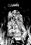  1girl black_background cleaners fire gas_mask hand_on_hip hat highres kantai_collection long_hair monochrome osakana_(denpa_yun&#039;yun) ryuujou_(kantai_collection) simple_background solo tom_clancy&#039;s_the_division twintails 