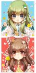  2girls :&lt; :d ascot bare_shoulders blush bow chibi detached_sleeves flower frog_hair_ornament hair_bow hair_ornament hair_tubes hakurei_reimu highres japanese_clothes kochiya_sanae long_hair long_sleeves looking_at_viewer miko multiple_girls open_mouth petals ribbon-trimmed_sleeves ribbon_trim sidelocks smile snake_hair_ornament star touhou upper_body wide_sleeves yuli_(yulipo) 