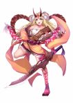  &gt;:o 1girl :o bare_shoulders blade blonde_hair breasts cleavage commentary_request earrings facial_mark fangs fate/grand_order fate_(series) full_body hand_on_hip horns ibaraki_douji_(fate/grand_order) japanese_clothes jewelry kimono long_hair looking_at_viewer off_shoulder oni open_mouth orange_eyes saisarisu sharp_toenails solo tattoo white_background 