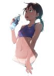  1girl black_hair blue_eyes bottle collarbone dripping eyebrows groin highres hot looking_away navel nukomasu open_mouth original panties panty_pull ponytail pulled_by_self simple_background small_breasts solo sports_bra sweat sweating underwear water_bottle white_background 