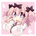  +_+ 1girl blue_eyes blush bow breasts commentary_request hair_bow hibari_(senran_kagura) jacket large_breasts looking_at_viewer open_mouth pink_hair senran_kagura senran_kagura_(series) shirogane_(platinum) short_hair short_twintails smile solo symbol-shaped_pupils track_jacket twintails upper_body v 