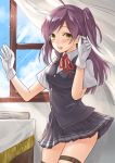  1girl :d ahoge arms_up bangs blush book breasts collar commentary_request cowboy_shot curtains fukuroumori gloves hagikaze_(kantai_collection) kantai_collection long_hair looking_at_viewer neck_ribbon open_mouth parted_bangs pleated_skirt purple_hair ribbon school_uniform shirt short_sleeves side_ponytail skirt smile solo table thigh_strap vest white_gloves white_shirt wind window yellow_eyes 